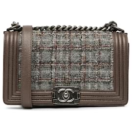 Chanel-Sac à bandoulière Boy en tweed moyen marron de Chanel-Marron