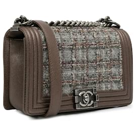 Chanel-Sac à bandoulière Boy en tweed moyen marron de Chanel-Marron