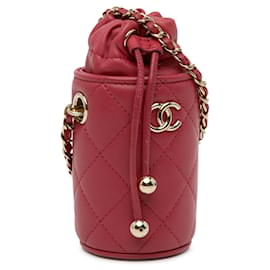 Chanel-Red Chanel Micro Quilted Lambskin Drawstring Bucket Bag-Red