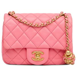 Chanel-Pink Chanel Mini Square Classic Lambskin Pearl Crush Flap Crossbody Bag-Pink