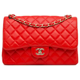 Chanel-Rote Chanel Jumbo Classic Schultertasche aus Lammleder mit doppeltem Klappverschluss-Rot