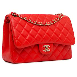 Chanel-Rote Chanel Jumbo Classic Schultertasche aus Lammleder mit doppeltem Klappverschluss-Rot