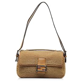 Fendi-Brown Fendi Multi Shearling Baguette Satchel-Brown