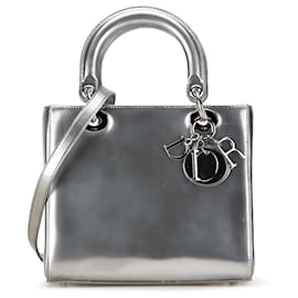 Dior-Silver Dior Medium Metallic Patent Lady Dior Satchel-Silvery