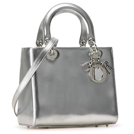 Dior-Silver Dior Medium Metallic Patent Lady Dior Satchel-Silvery