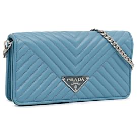 Prada-Blue Prada Mini Impunture Diagramme Wallet on Chain Crossbody Bag-Blue