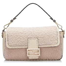 Fendi-Cream Fendi Shearling Selleria Baguette Satchel-Cream