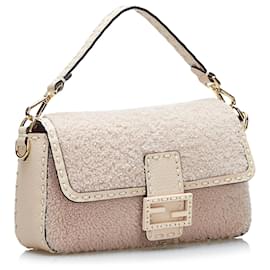 Fendi-Cream Fendi Shearling Selleria Baguette Satchel-Cream