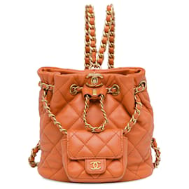 Chanel-Orange Chanel CC Lambskin Chain Bucket Backpack With Mini Flap-Orange