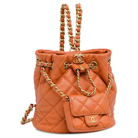 Chanel-Orange Chanel CC Lambskin Chain Bucket Backpack With Mini Flap-Orange