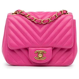 Chanel-Pink Chanel Mini Square Classic Lambskin Chevron Flap Crossbody Bag-Pink