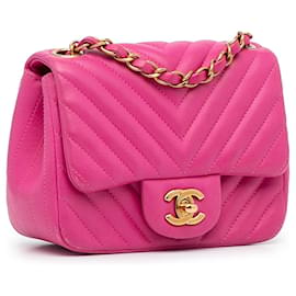 Chanel-Rosa Chanel Mini Quadrat Klassische Lammleder Chevron Umhängetasche-Pink