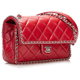 Chanel-Sac à rabat en chaîne froissée rouge Chanel-Rouge