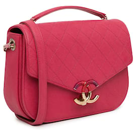 Chanel-Sac à main à rabat moyen en caviar rose Chanel Paris Cuba avec fil autour-Rose