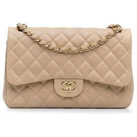 Chanel-Beige Chanel Jumbo Classic Lambskin Double Flap Shoulder Bag-Beige