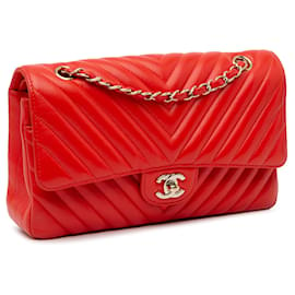 Chanel-Orange Chanel Medium Classic Chevron aus Lammleder mit doppeltem Klappverschluss Schultertasche-Orange