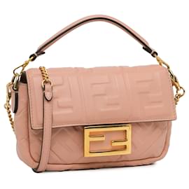 Fendi-Pink Fendi Mini Embossed Zucca Baguette Satchel-Pink