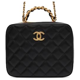 Chanel-Boîte de vanité en cuir d'agneau matelassé noir Chanel CC avec poignée supérieure-Noir