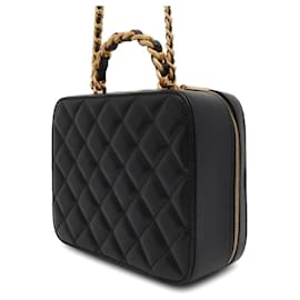 Chanel-Boîte de vanité en cuir d'agneau matelassé noir Chanel CC avec poignée supérieure-Noir