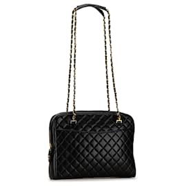 Chanel-Sac à épaule en cuir d'agneau matelassé noir Chanel avec chaîne-Noir