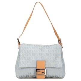 Fendi-Blue Fendi Zucchino Canvas Mamma Forever Shoulder Bag-Blue