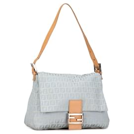 Fendi-Blue Fendi Zucchino Canvas Mamma Forever Shoulder Bag-Blue