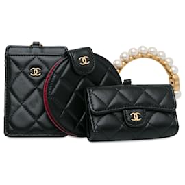 Chanel-Borsa clutch in pelle di agnello nera Chanel con corona di perle CC e più tasche-Nero