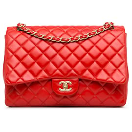 Chanel-Rote Chanel Maxi Classic Schultertasche aus Lammleder mit einfacher Klappe-Rot