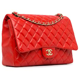 Chanel-Rote Chanel Maxi Classic Schultertasche aus Lammleder mit einfacher Klappe-Rot