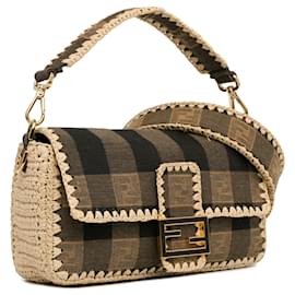 Fendi-Borsa Mamma Baguette in tela Pequin e rafia marrone di Fendi-Marrone