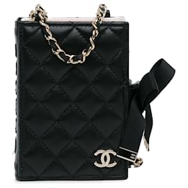 Chanel-Porta carte in pelle di agnello trapuntato nero Chanel con catena per borsa a tracolla-Nero