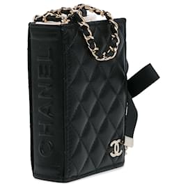 Chanel-Porta carte in pelle di agnello trapuntato nero Chanel con catena per borsa a tracolla-Nero