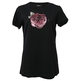 Dolce & Gabbana-Dolce & Gabbana Floral Sequin Embellished T-Shirt in Black Cotton-Black
