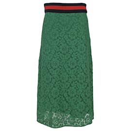 Gucci-Gucci Lace Ribbed Web Stripe Lace in Green Cotton-Green