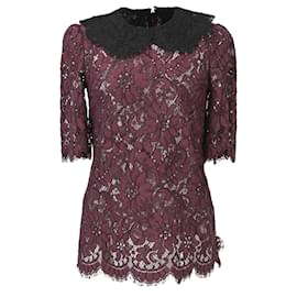 Dolce & Gabbana-Dolce & Gabbana Floral Lace 3/4 Sleeves Blouse In Burgundy Cotton-Red,Dark red