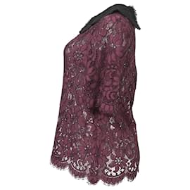 Dolce & Gabbana-Dolce & Gabbana Floral Lace 3/4 Sleeves Blouse In Burgundy Cotton-Red,Dark red