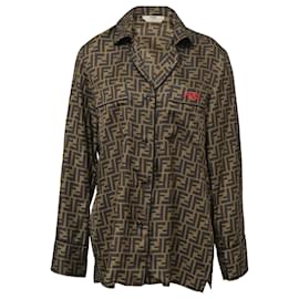 Fendi-Fendi Zucca Monogram Button Front Shirt in Brown Silk-Brown,Red