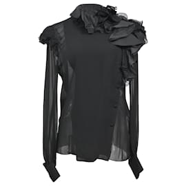 Lanvin-Lanvin Ruffled Lace-Trimmed Chiffon Blouse in Black Silk-Black