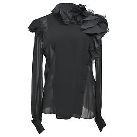 Schwarze Seiden-Chiffon-Bluse mit Rüschen und Spitze von Lanvin Schwarz