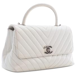 Chanel-Chanel White Medium Caviar Chevron Coco Top Handle Satchel-White