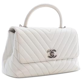 Chanel-Borsa Chanel bianca media in caviar Chevron Coco con manico superiore-Bianco