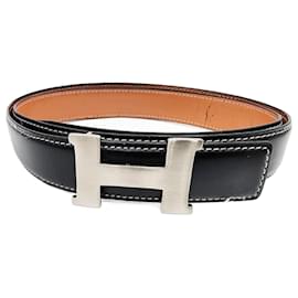 Hermès-Cinto reversível Hermes Constance H preto e marrom com hardware prateado-Preto