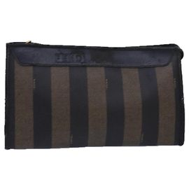 FENDI Pecan Canvas Clutch Bag Black Brown Auth ti1705 Brown Black