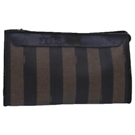 Fendi-FENDI Pecan Canvas Clutch Bag Black Brown Auth ti1705-Brown,Black
