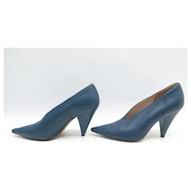 Céline-CELINE SHOES SOFT V NECK PUMPS 37 BLUE LEATHER-Blue