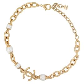 Chanel-NUOVO COLLANA CHANEL CHOKER LOGO CC PERLE 30-40 CM IN METALLO DORATO-D'oro