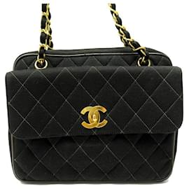 Chanel-VINTAGE SAC A MAIN CHANEL CAMERA LOGO CC JERSEY MATELASSE BANDOULIERE BAG-Noir