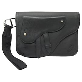 Christian Dior-CHRISTIAN DIOR SADDLE MEN'S LEATHER GRAIN POUCH CLUTCH-Black