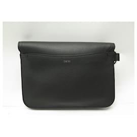 Christian Dior-CHRISTIAN DIOR SADDLE MEN'S LEATHER GRAIN POUCH CLUTCH-Black