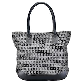 Fendi-Fendi Zucchino Tote Bag - Gray Navy Canvas Leather-Brown,Navy blue